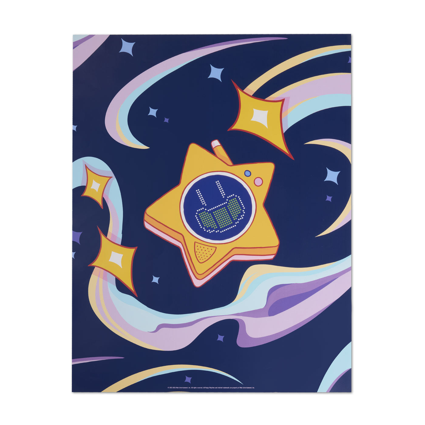 Framed poster featuring Glowby as a bright yellow star-shaped character floating in a dark blue space background, surrounded by colorful swirling trails and small stars.