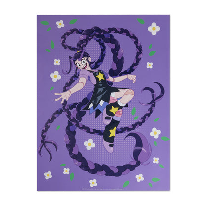 A framed art print featuring Lily Lovebraids with very long dark purple braids, wearing a black dress with yellow star accents, set against a purple background with small white flowers.