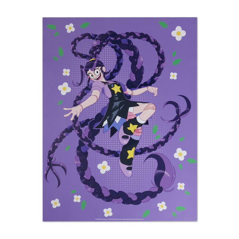 A framed art print featuring Lily Lovebraids with very long dark purple braids, wearing a black dress with yellow star accents, set against a purple background with small white flowers.