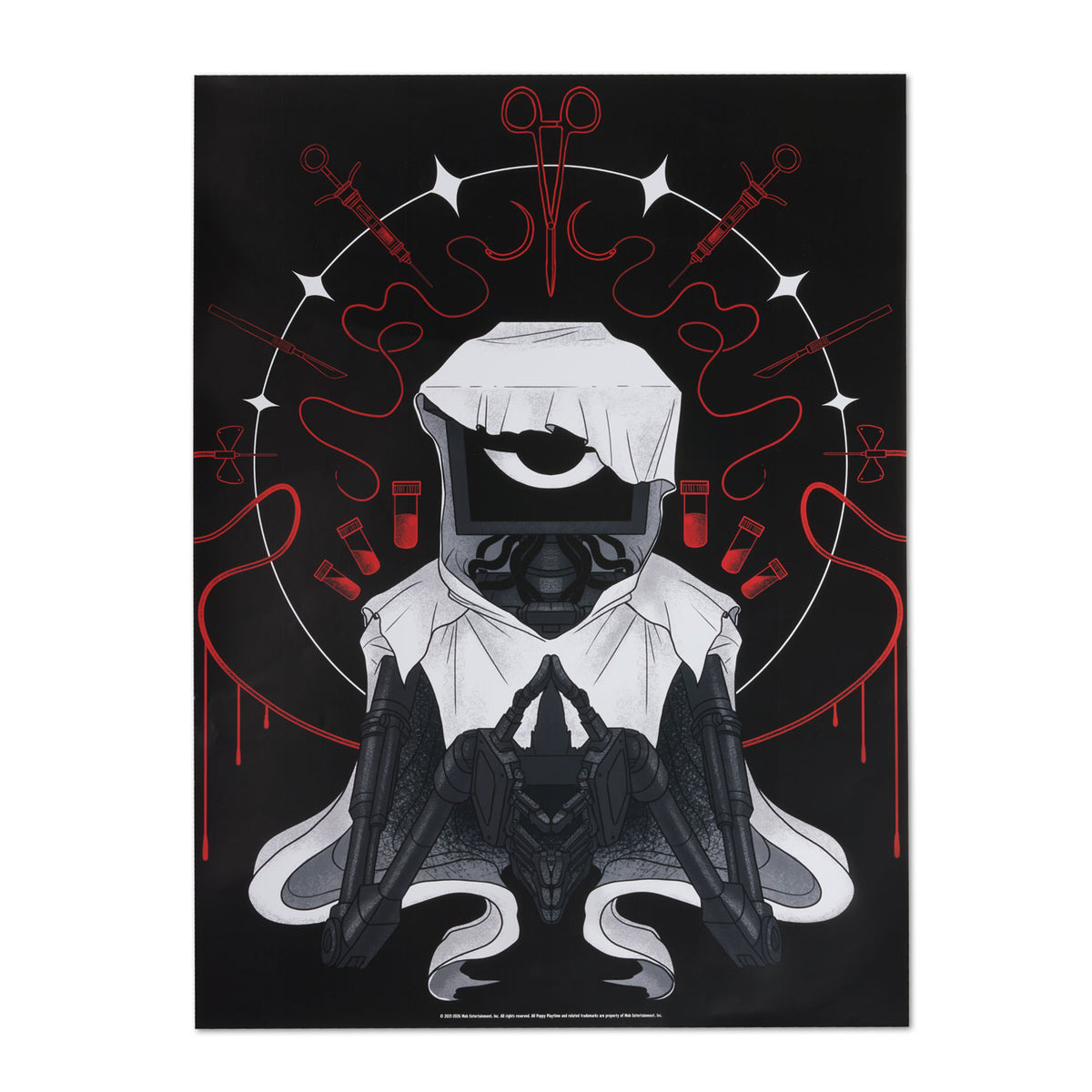 A vertical poster art print featuring a stylized The Doctor character in a white hooded robe, set against a black background with red graphic elements and white circular line details.