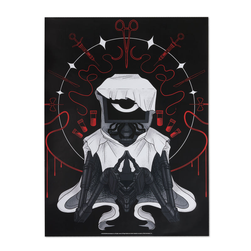 A vertical poster art print featuring a stylized The Doctor character in a white hooded robe, set against a black background with red graphic elements and white circular line details.