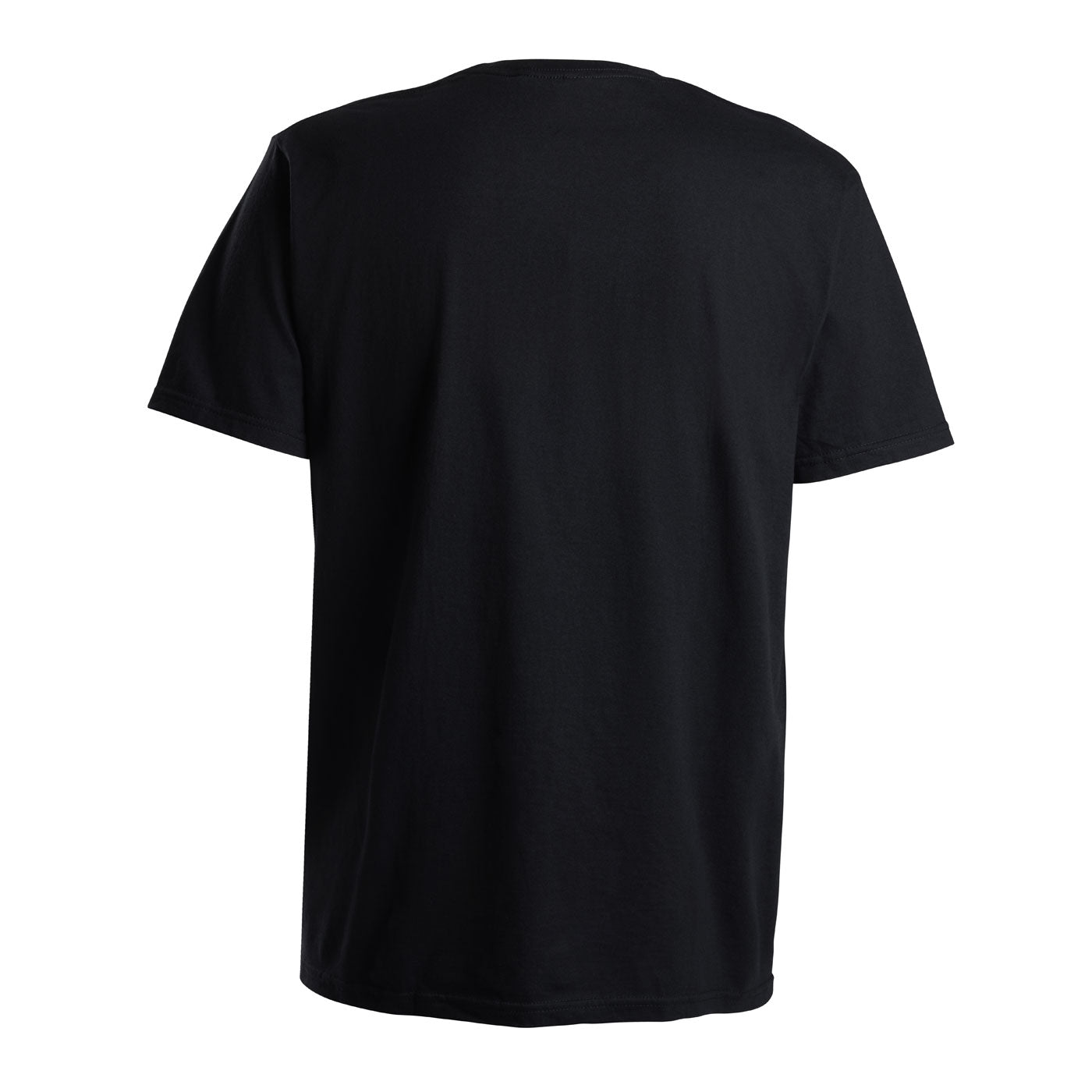 A plain black short-sleeve crewneck t-shirt shown from the back.