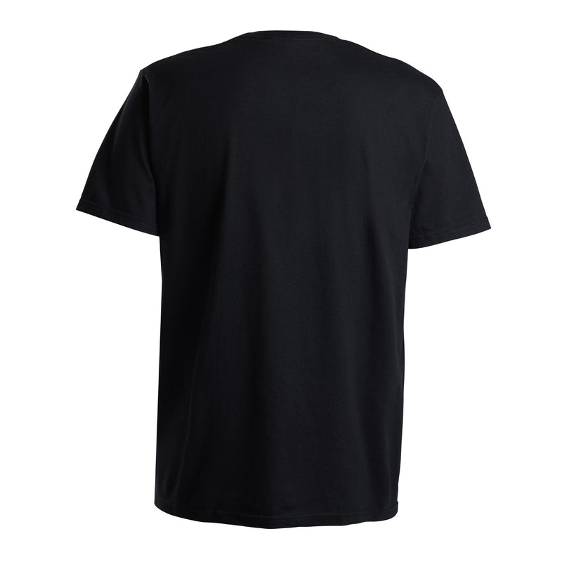 A plain black short-sleeve crewneck t-shirt shown from the back.