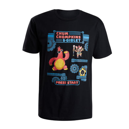 A black short-sleeve t-shirt featuring a retro video game-style graphic with the text 'CHUM CHOMPINS & GIBLET' and 'PRESS START' in red, along with pixel-art Chum Chompkins, Giblet , and Glowby and blue mechanical details.