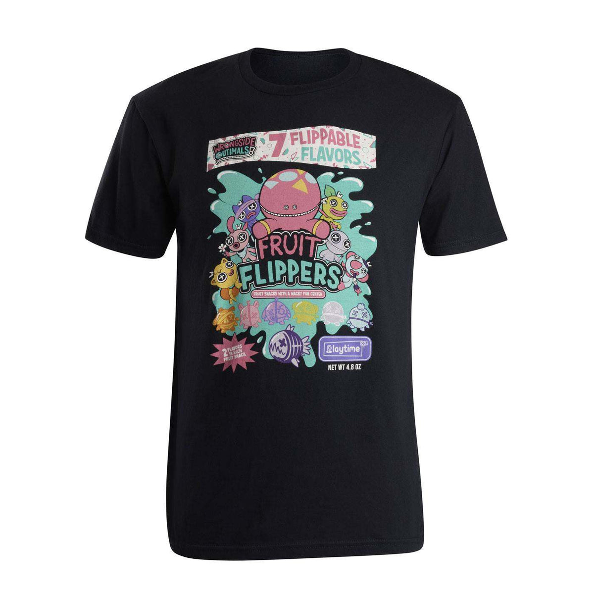 Black short-sleeve T-shirt with colorful Fruit Flippers artwork, outimal characters, and Playtime Co. branding.