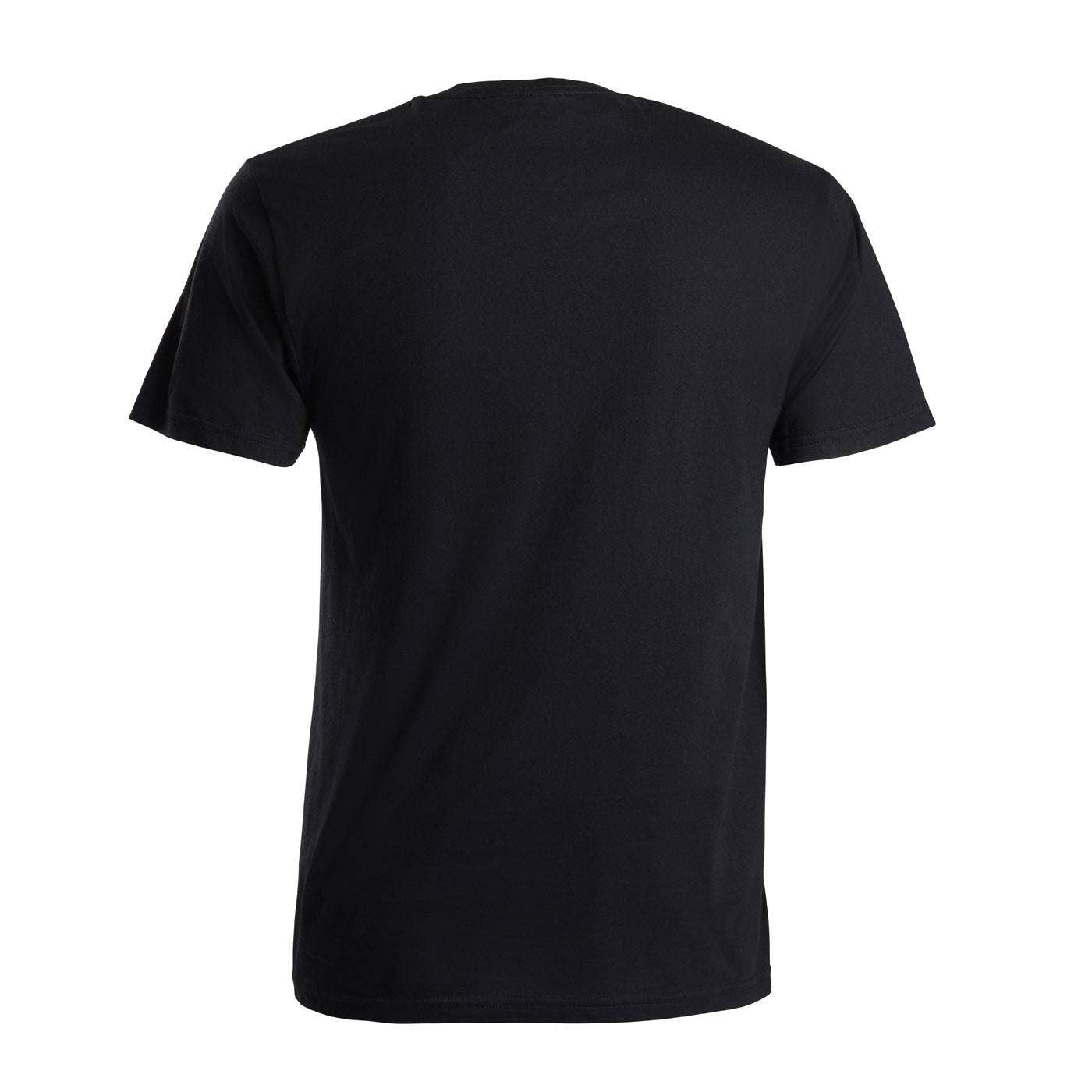 Back view of a plain black short-sleeve T-shirt.