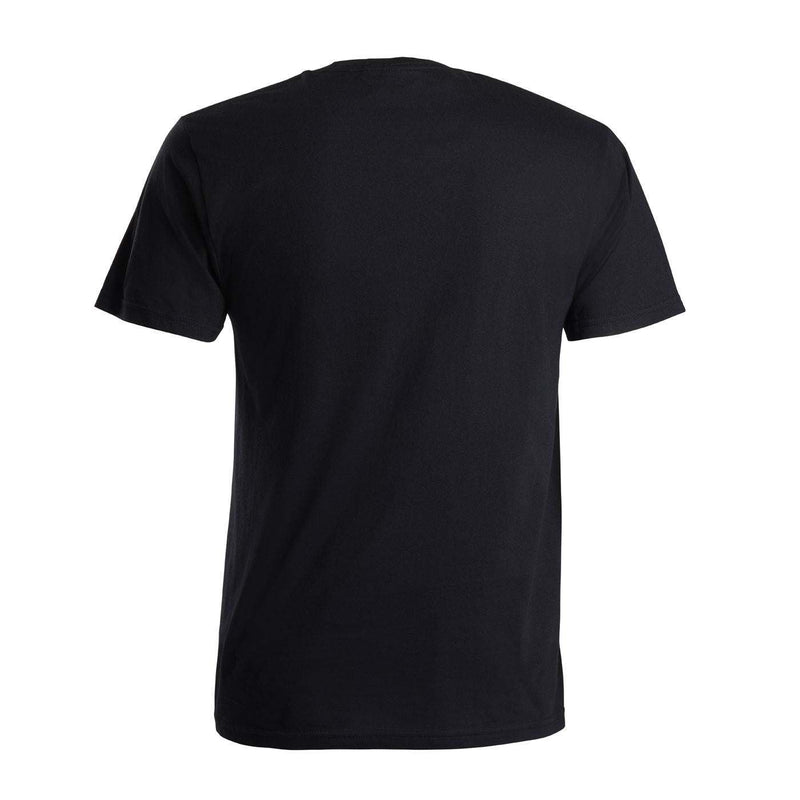 Back view of a plain black short-sleeve T-shirt.