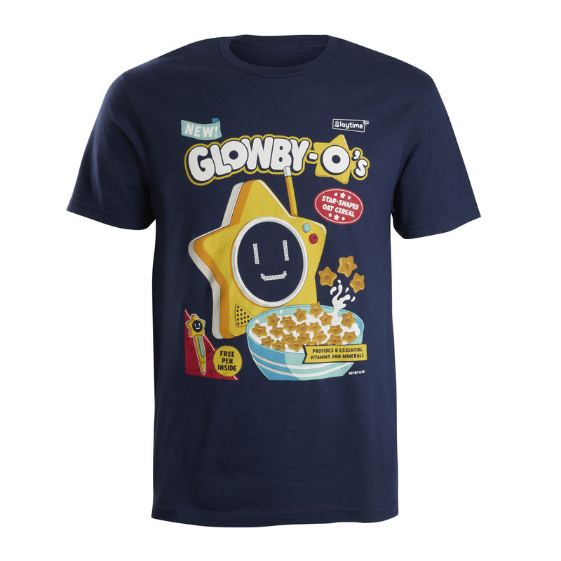 A navy blue short-sleeve t-shirt featuring a colorful graphic print of 'Glowby-O's' cereal. The graphic includes Glowby a yellow star-shaped character, a bowl of cereal, and various text.