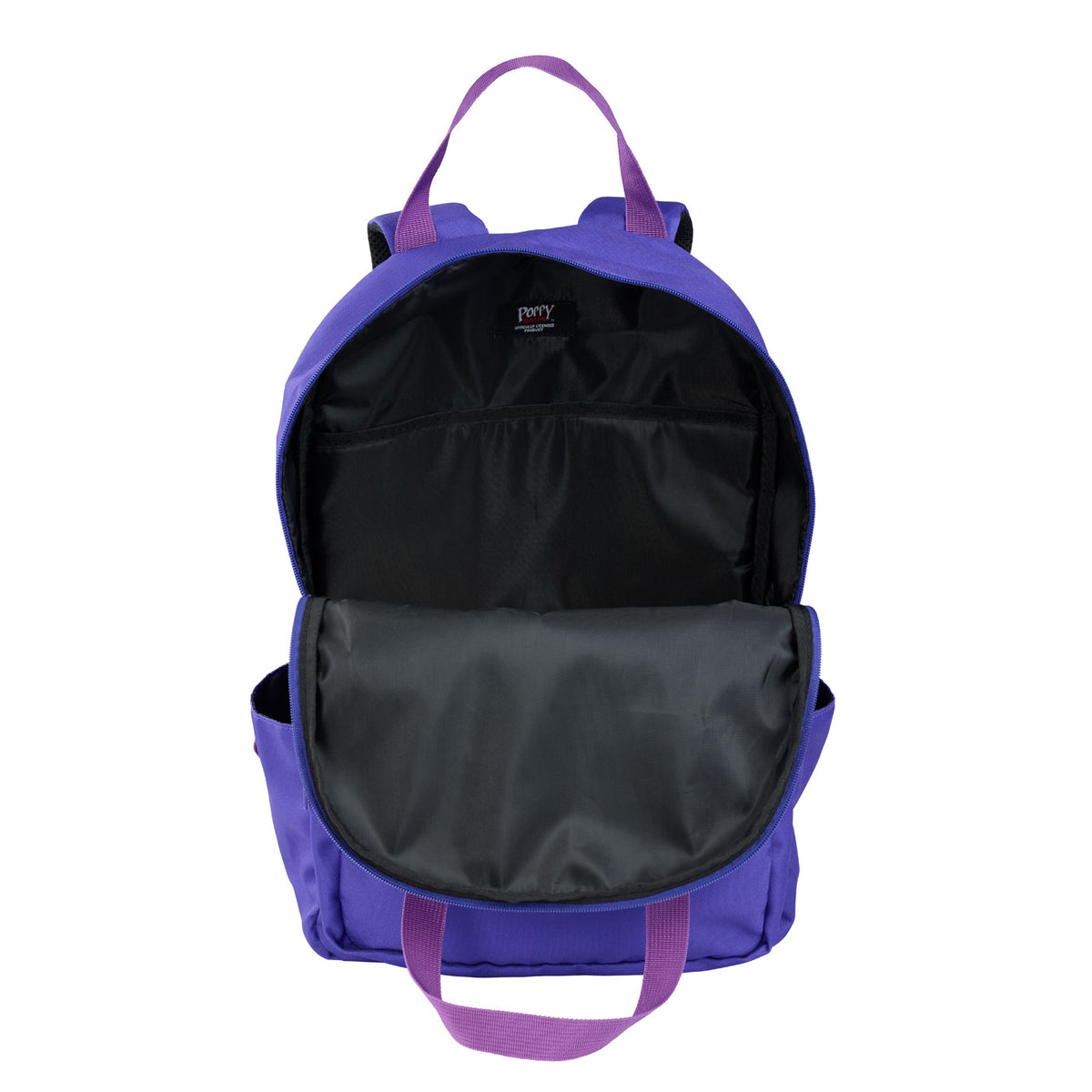 A purple backpack, displaying its black Interior Laptop Sleeve, side pockets, and purple handles.