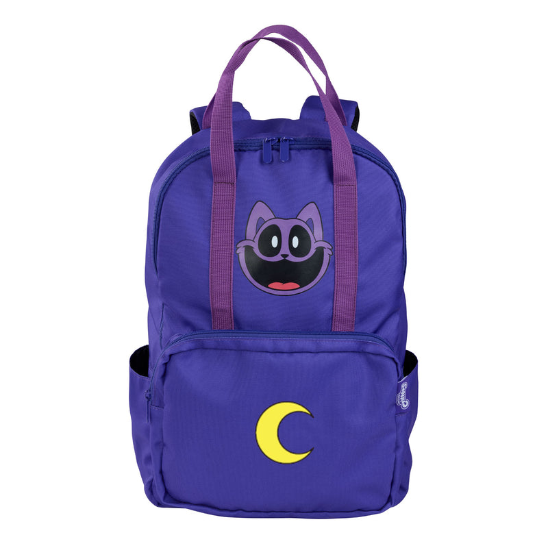 A purple backpack with a front zippered pocket, dual top handles, and a CatNap's face patch on the top front and crescent moon at the front pocket.