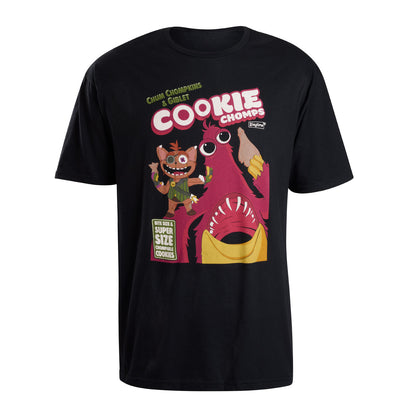 Black T-shirt featuring a colorful “Cookie Chomps” graphic with Chum Chompkins and Giblet on the front. And “Bite Size & Super Size Chompable Cookies” label.