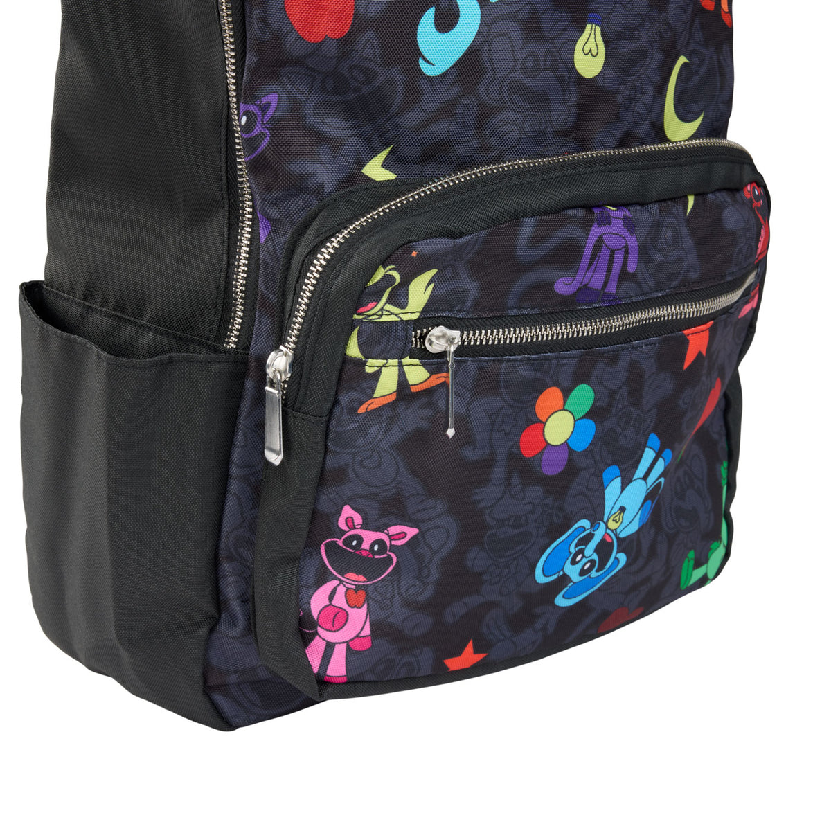A close-up of the backpack's Front Zip Pocket, side pocket and silver zippers.
