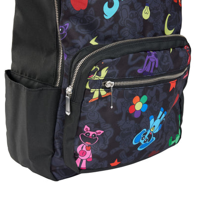A close-up of the backpack's Front Zip Pocket, side pocket and silver zippers.