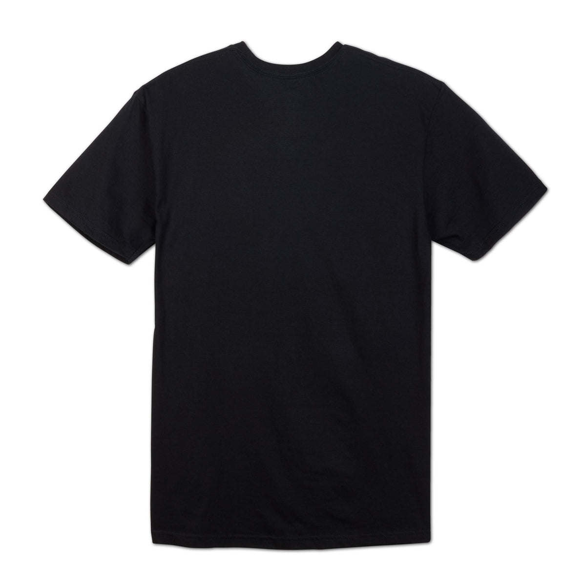 A plain black short-sleeve crewneck t-shirt shown from the back.