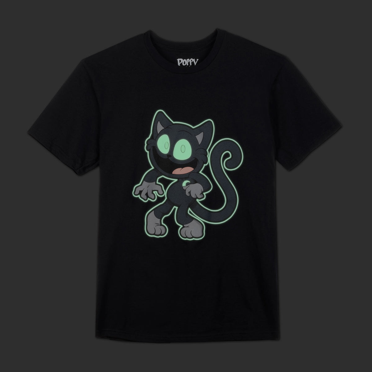 A black short-sleeve t-shirt with a cartoon graphic of a black cat with glowing green eyes and a green outline, featuring the brand name 'POPPY' printed inside the collar.