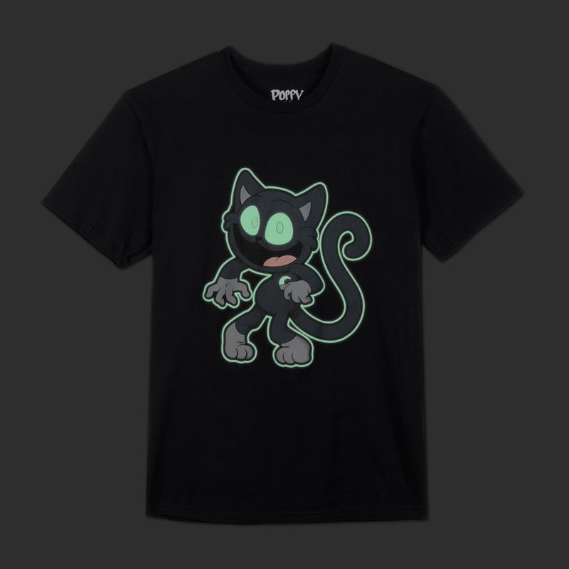 A black short-sleeve t-shirt with a cartoon graphic of a black cat with glowing green eyes and a green outline, featuring the brand name 'POPPY' printed inside the collar.
