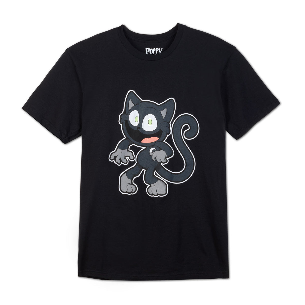 A black short-sleeve crewneck t-shirt featuring a cartoon graphic of a black cat with green eyes and a pink mouth on the front, with the brand name 'POPPY' printed inside the collar.