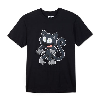 A black short-sleeve crewneck t-shirt featuring a cartoon graphic of a black cat with green eyes and a pink mouth on the front, with the brand name 'POPPY' printed inside the collar.