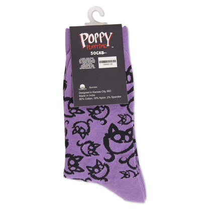 Purple CatNap patterned sock shown with the back of its Poppy Playtime packaging.