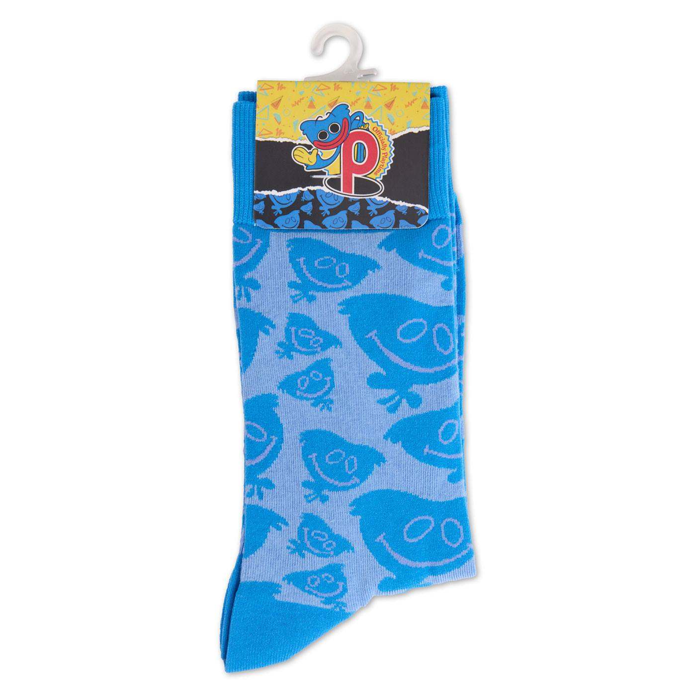 Blue sock with huggy wuggy pattern.