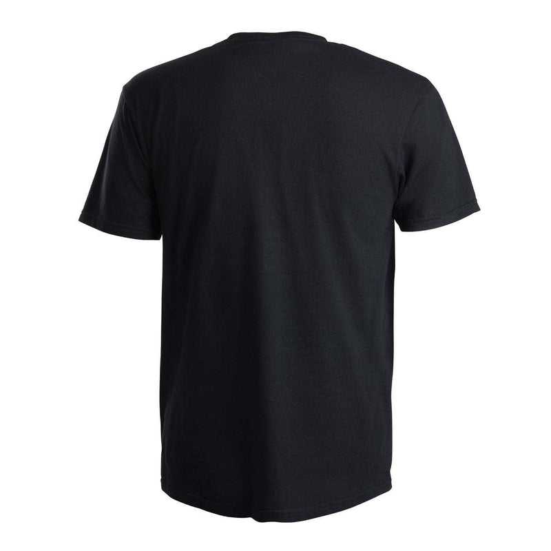 A black short-sleeve crewneck t-shirt shown from the back.
