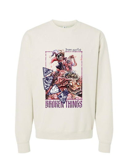 White sweatshirt with graphic prototype design and text.