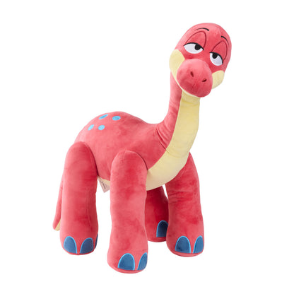 A plush dinosaur toy with a pink body, cream neck and face, blue spots on the back, and blue feet.