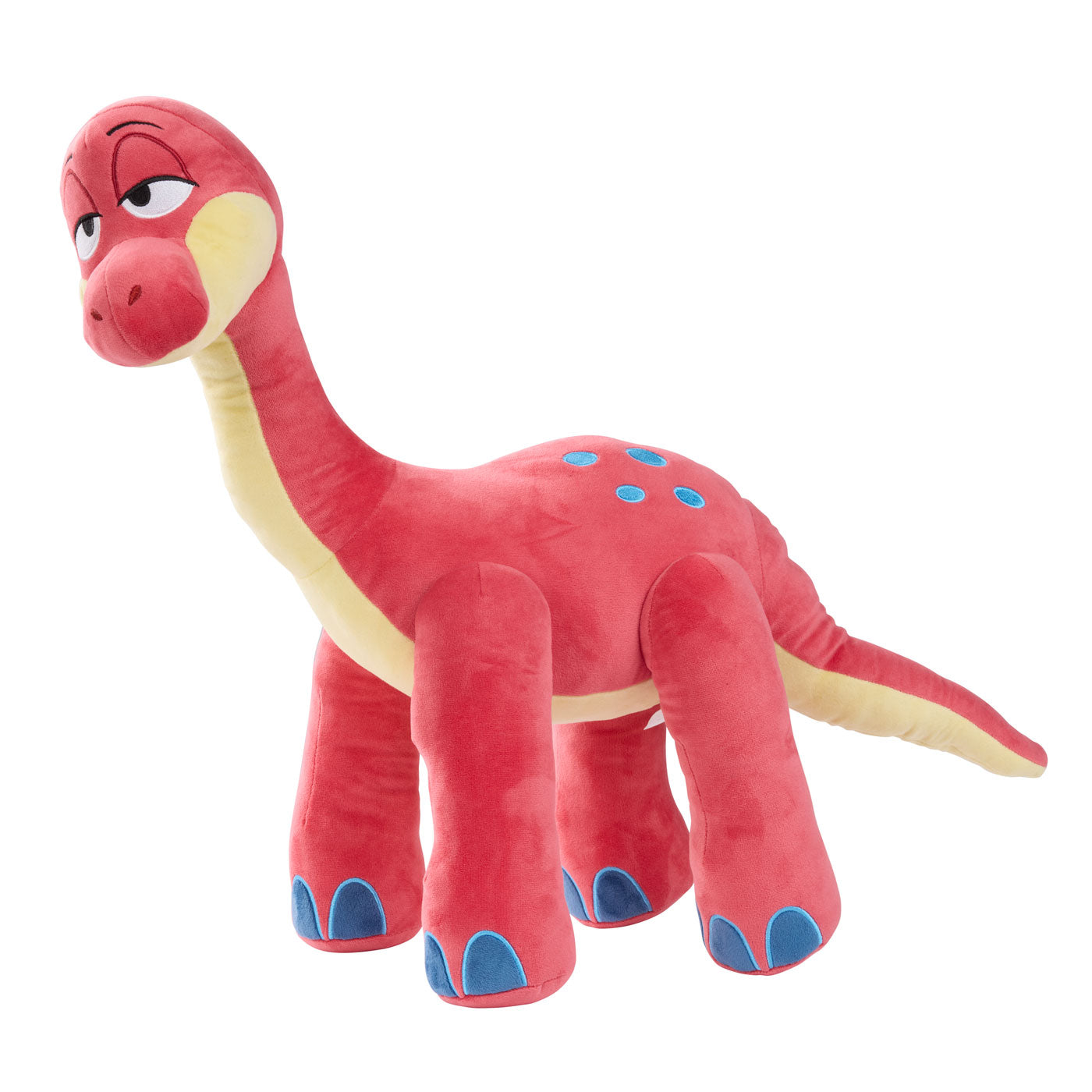 A plush dinosaur toy with a long neck, featuring a pinkish-red body, cream-colored underbelly and head, blue spots on its back, and blue accents on its feet.
