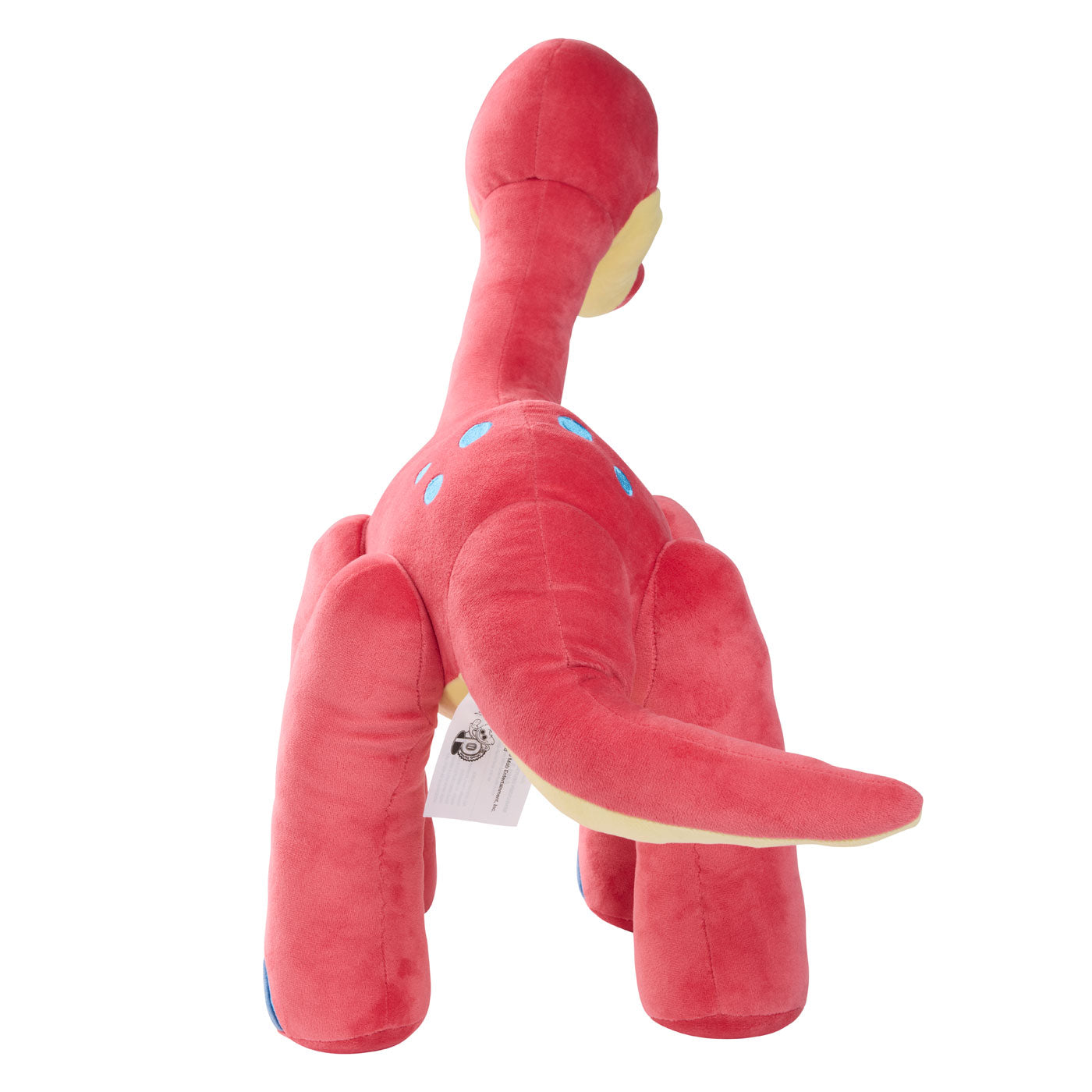 A red plush dinosaur toy with a long neck, yellow underbelly, and blue spots.