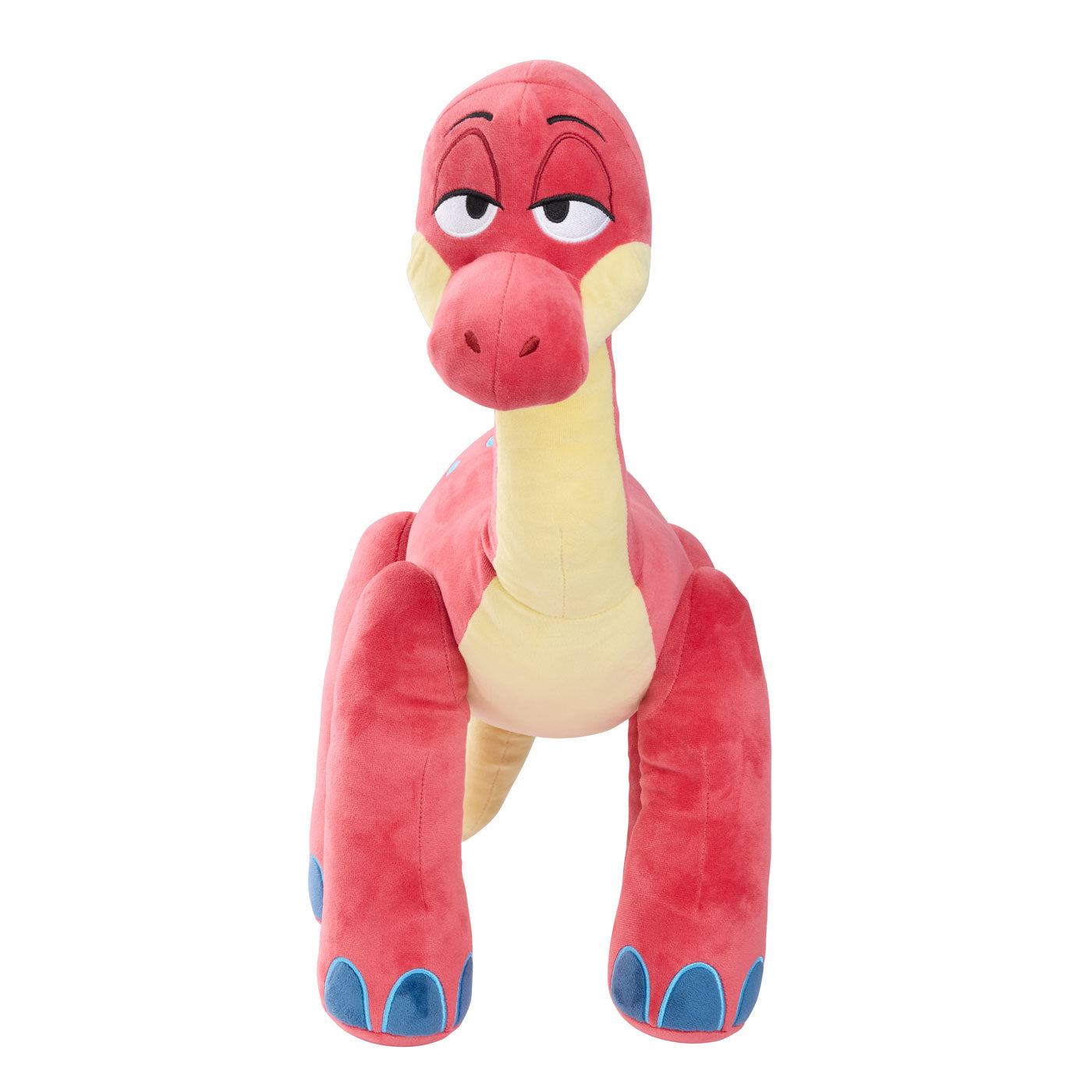 A plush dinosaur toy with a red head and legs, a cream neck and belly, and blue claws on its feet.