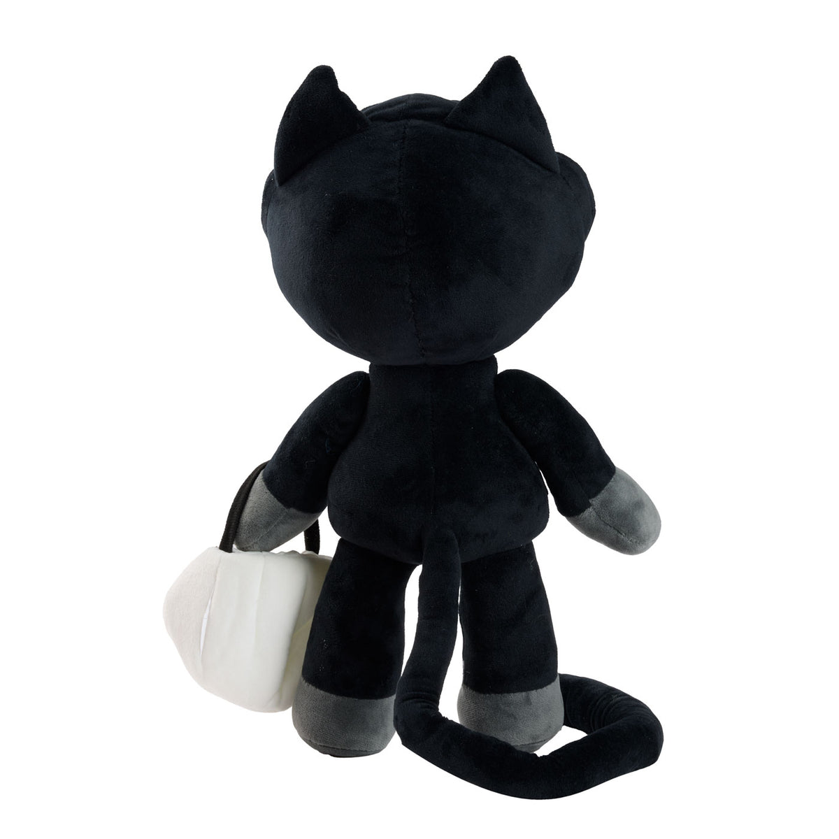 A black cat plush toy shown from the back, holding a small white bucket.