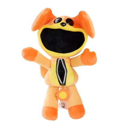 A plush dog toy in orange and yellow, featuring a large black mouth opening, raised paws, and a small hanging sun charm.