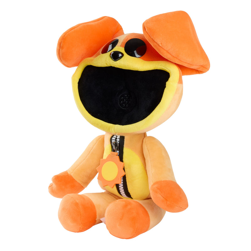 A plush dog toy in orange and yellow with a large black mouth and a zipper detail on the chest.