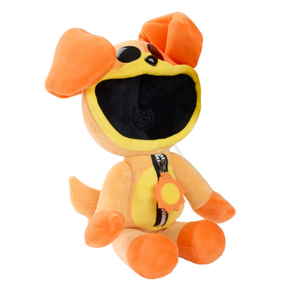 An orange and yellow plush dog toy with a wide open mouth, black eyes, and a zipper detail on its chest.