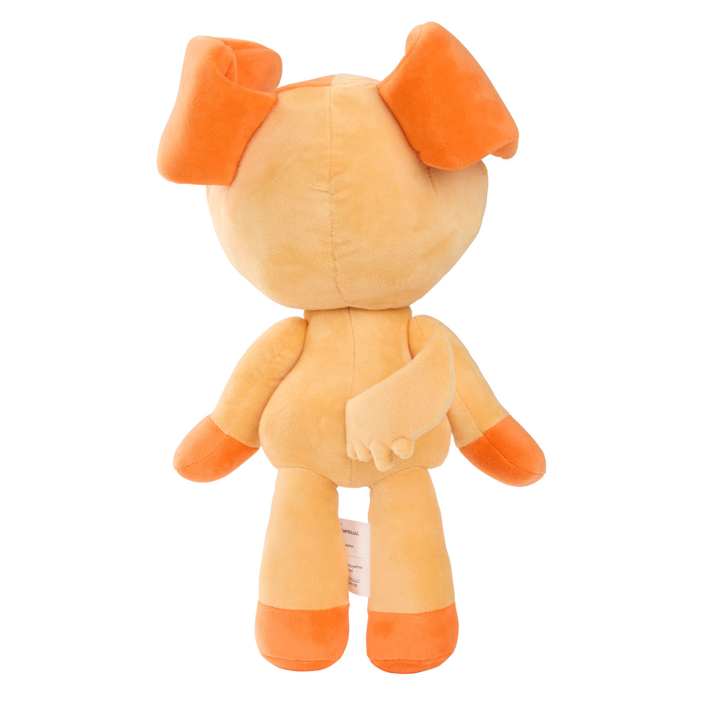 A plush toy dog shown from the back, featuring a warm beige body with bright orange ears, paws, and feet.