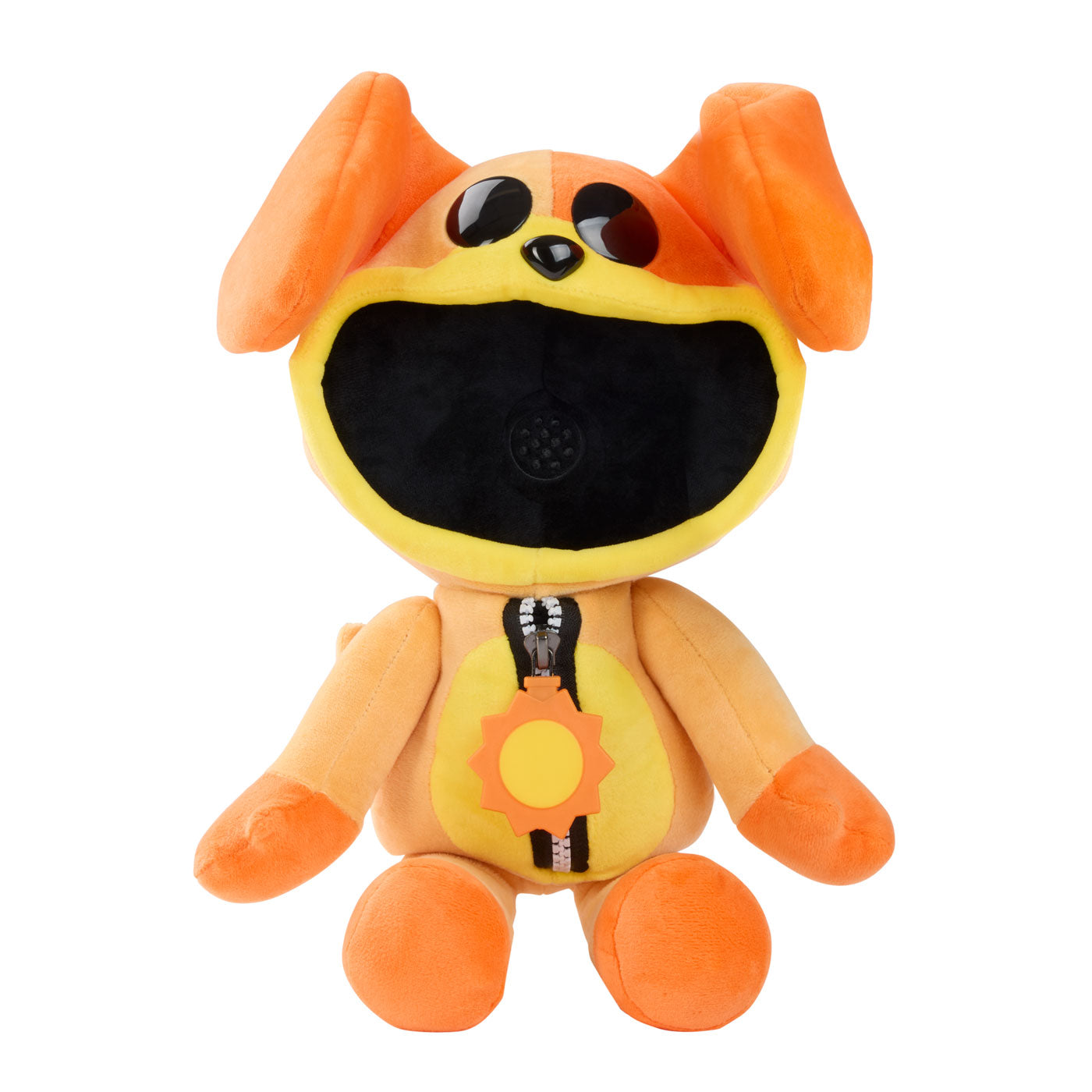 An orange and yellow plush dog toy with a wide black mouth and zipper details on its chest.