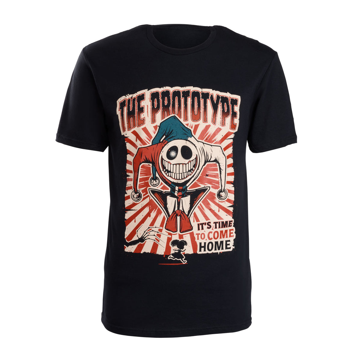 A black short-sleeve crewneck t-shirt featuring a large graphic print on the front. The graphic depicts Prototype with the text 'THE PROTOTYPE' above and 'IT'S TIME TO COME HOME' below, set against a red and white sunburst background.