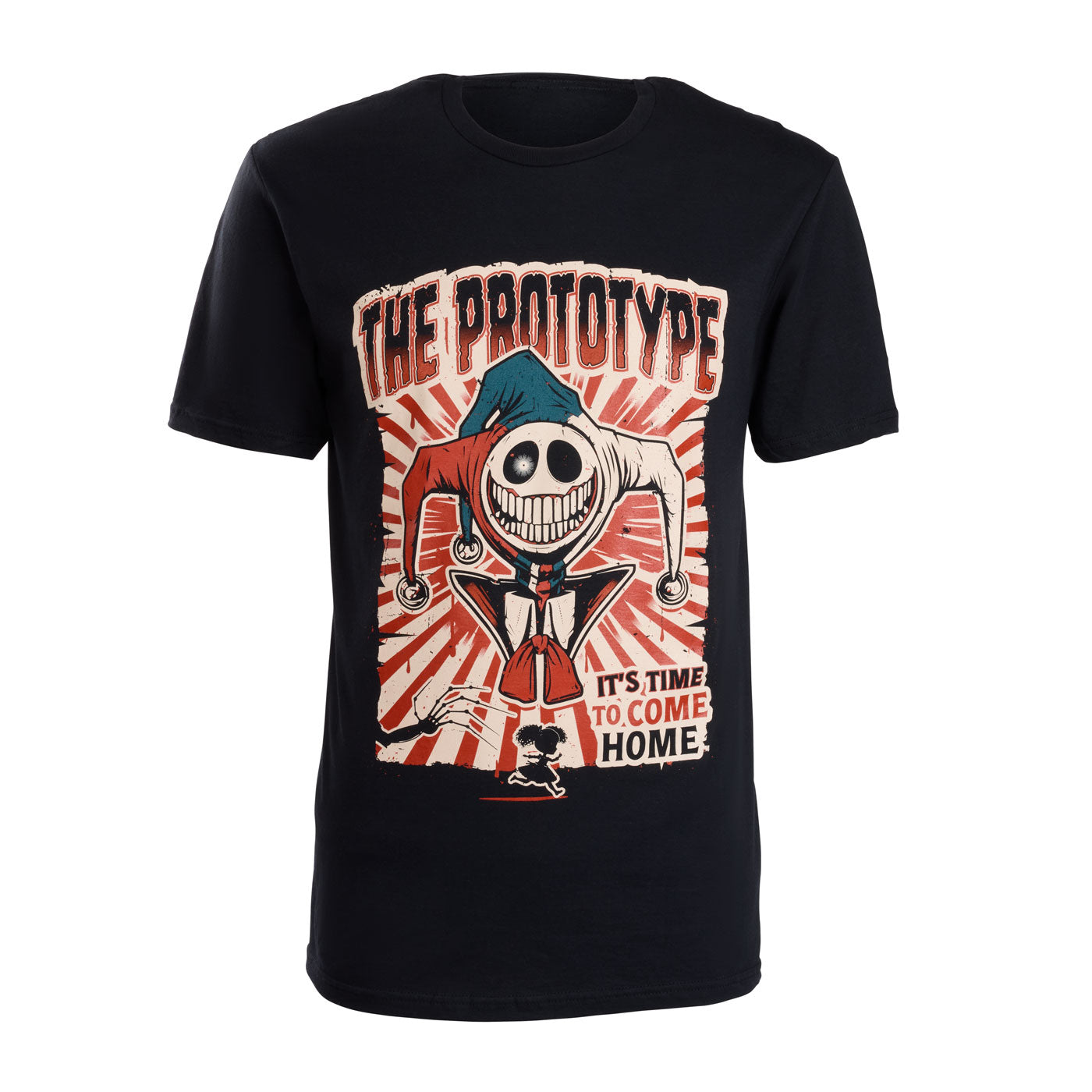 A black short-sleeve crewneck t-shirt featuring a large graphic print on the front. The graphic depicts Prototype with the text 'THE PROTOTYPE' above and 'IT'S TIME TO COME HOME' below, set against a red and white sunburst background.
