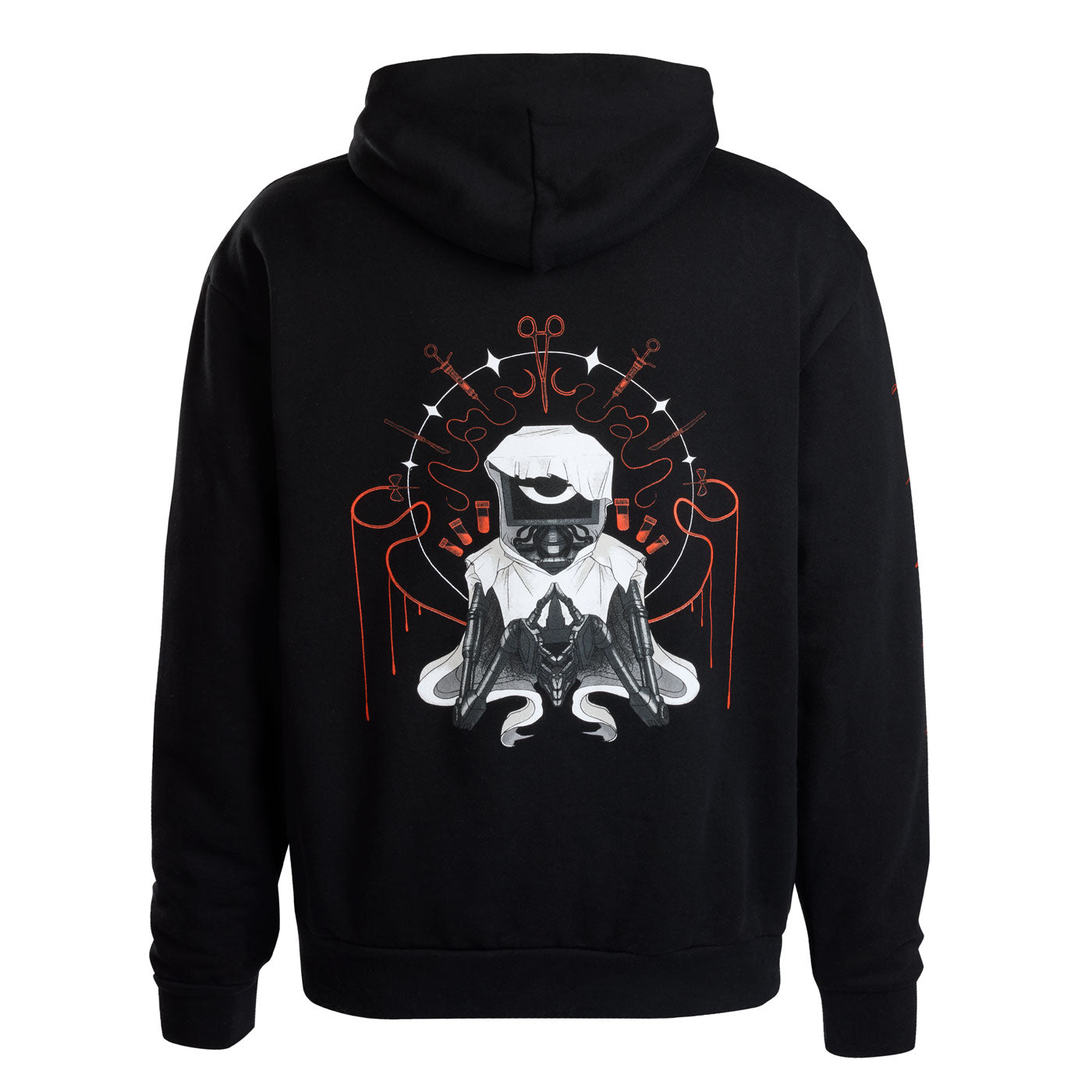 A black pullover hoodie shown from the back, featuring a large graphic print of The Doctor.