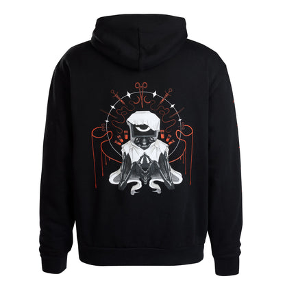A black pullover hoodie shown from the back, featuring a large graphic print of The Doctor.