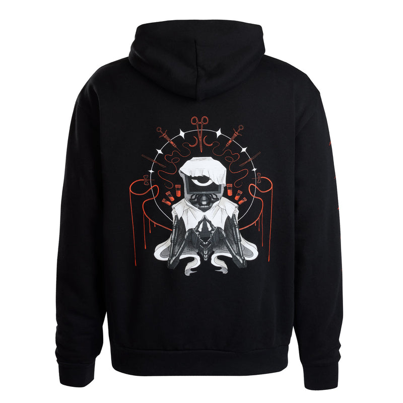 A black pullover hoodie shown from the back, featuring a large graphic print of The Doctor.