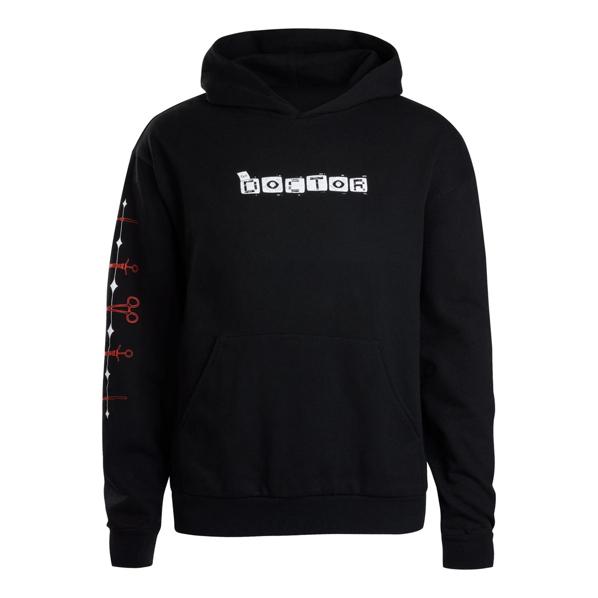 A black pullover hoodie featuring 'THE DOCTOR' printed in white block letters across the chest, with white and red Surgical instruments graphics down the left sleeve.
