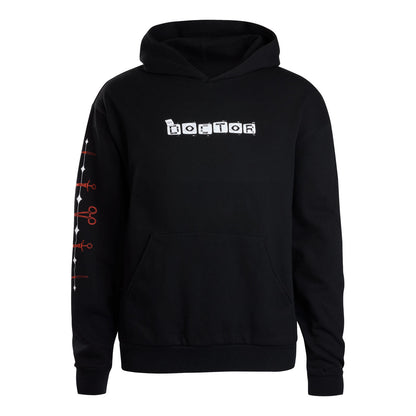 A black pullover hoodie featuring 'THE DOCTOR' printed in white block letters across the chest, with white and red Surgical instruments graphics down the left sleeve.