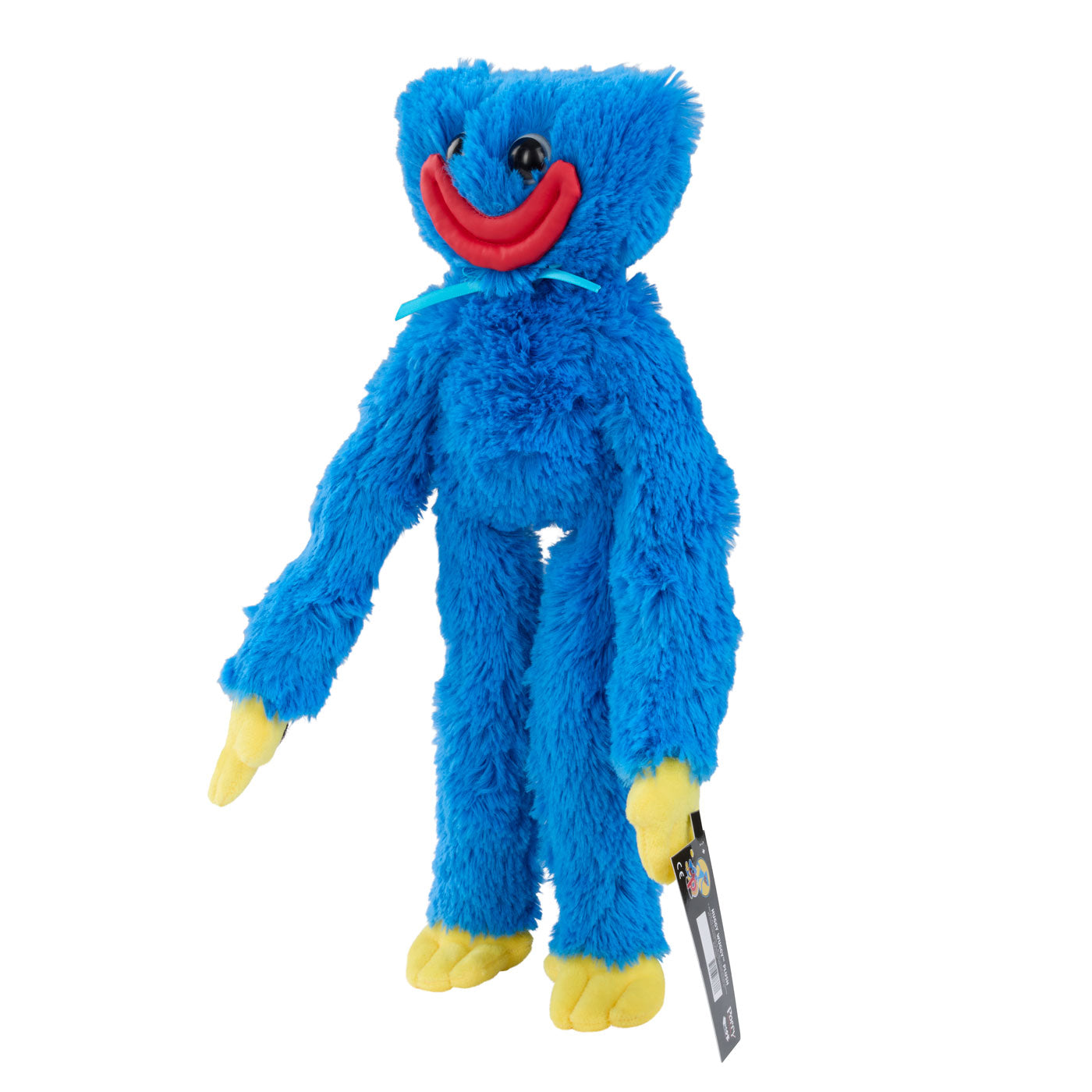 A blue furry Huggy Wuggy plush toy with a red smile, yellow hands and feet, and a black hangtag attached.