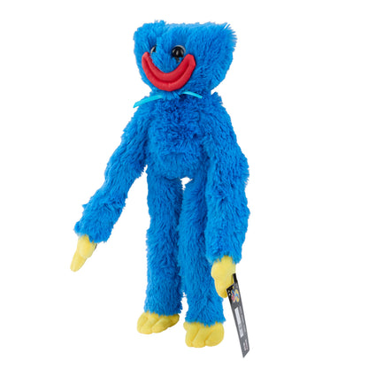 A blue furry Huggy Wuggy plush toy with a red smile, yellow hands and feet, and a black hangtag attached.