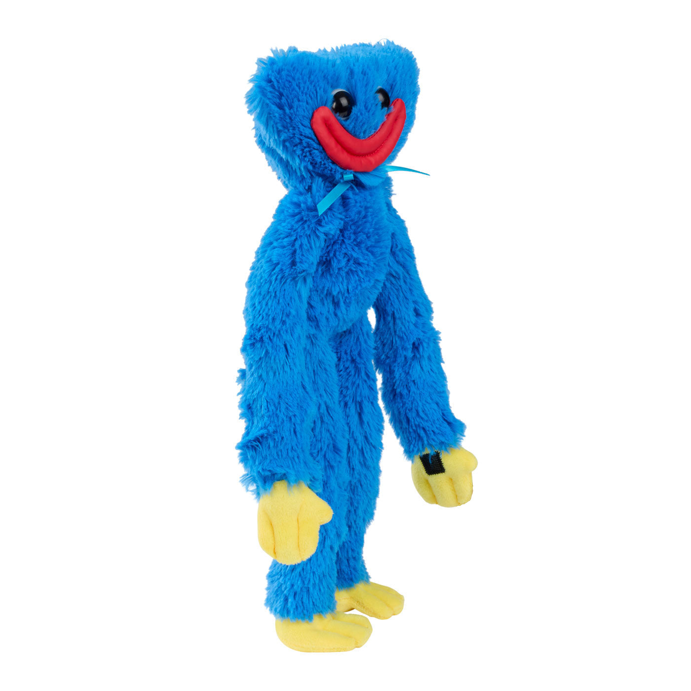 A blue furry plush toy with a red smile, yellow hands and feet.