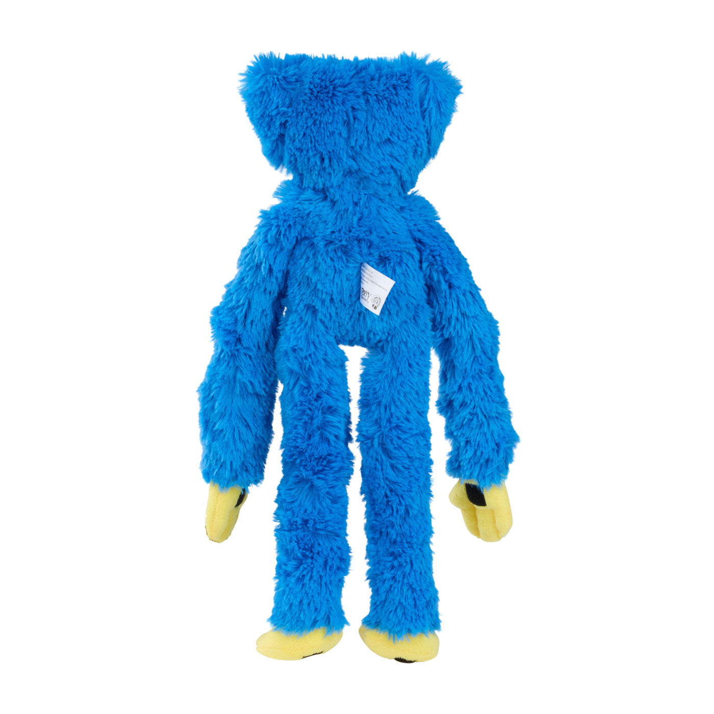 A blue furry plush toy figure with yellow hands and feet, shown from the back.