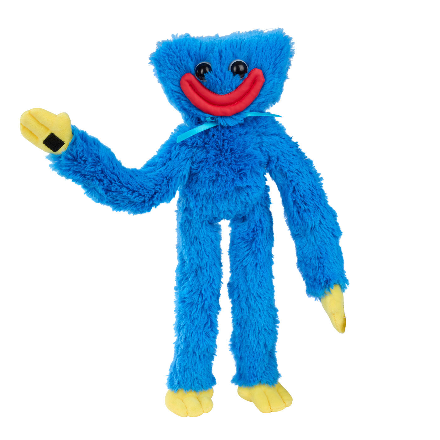 A blue furry monster plush toy with a wide red smile, black eyes, yellow gloves and feet, and a light blue ribbon around the neck.