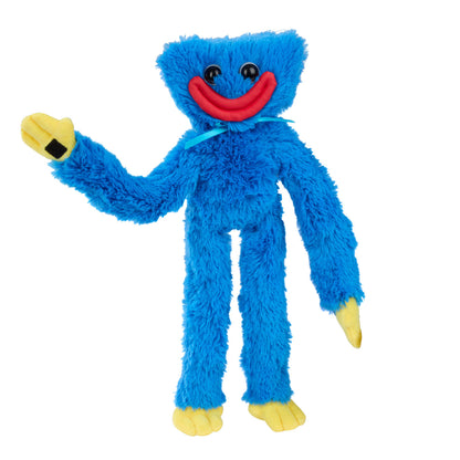 A blue furry monster plush toy with a wide red smile, black eyes, yellow gloves and feet, and a light blue ribbon around the neck.