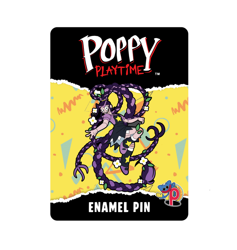 A Poppy Playtime enamel pin card featuring Lily Lovebraids, with the text 'Poppy Playtime' at the top and 'Enamel Pin' at the bottom.